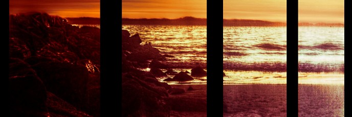 4 panels of a beach at sunset